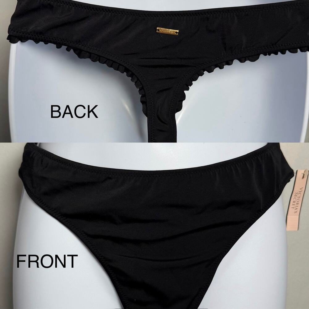 Victoria’s Secret Very Sexy Thong Bikini Bottom Black Ruffle Gold Bar Size L nwt
